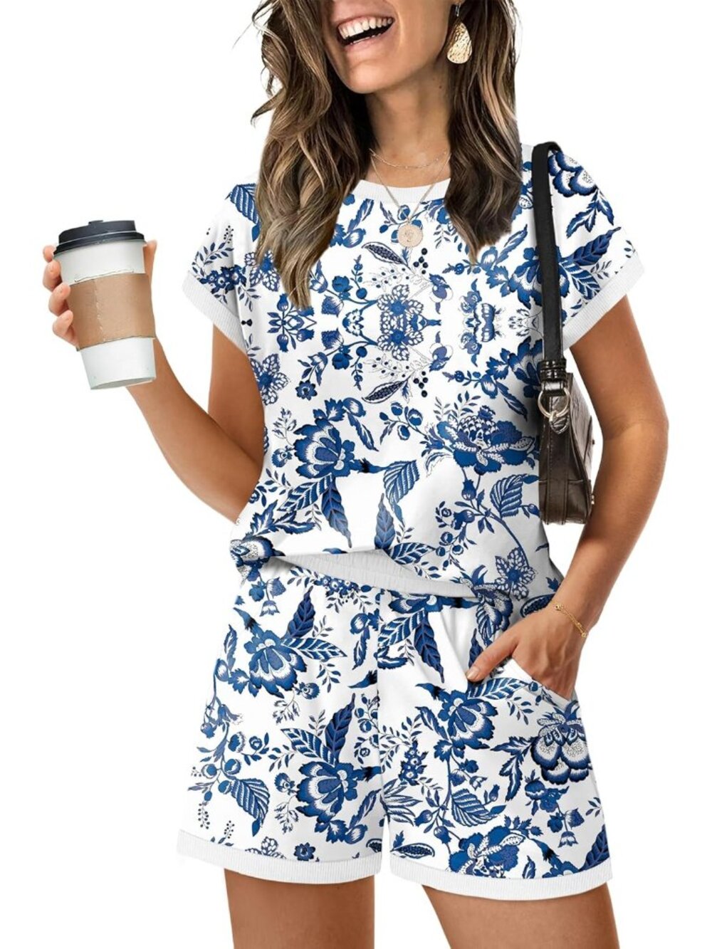 〽️Women's Shorts Set Blue Floral Cap Sleeves Tops Shorts 2 Piece Sweatsuit